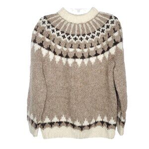 Hand Knit Mohair Wool Fair Isle Sweater M L Chunky Brown Monochromatic Ski